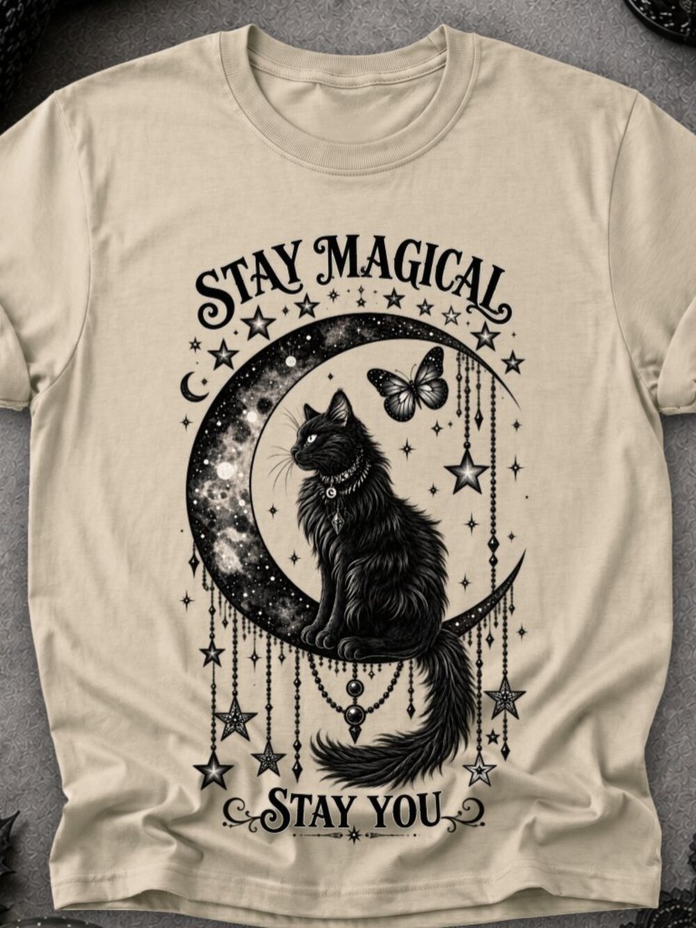 Black Cat TShirt Graphic Tee Unisex Stay Magical Stay You Witchy Moon Stars